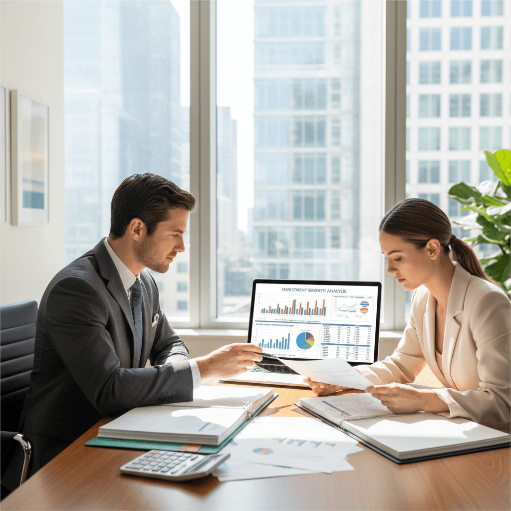 Financial advisor reviews detailed financial statements with a client in a modern office setting