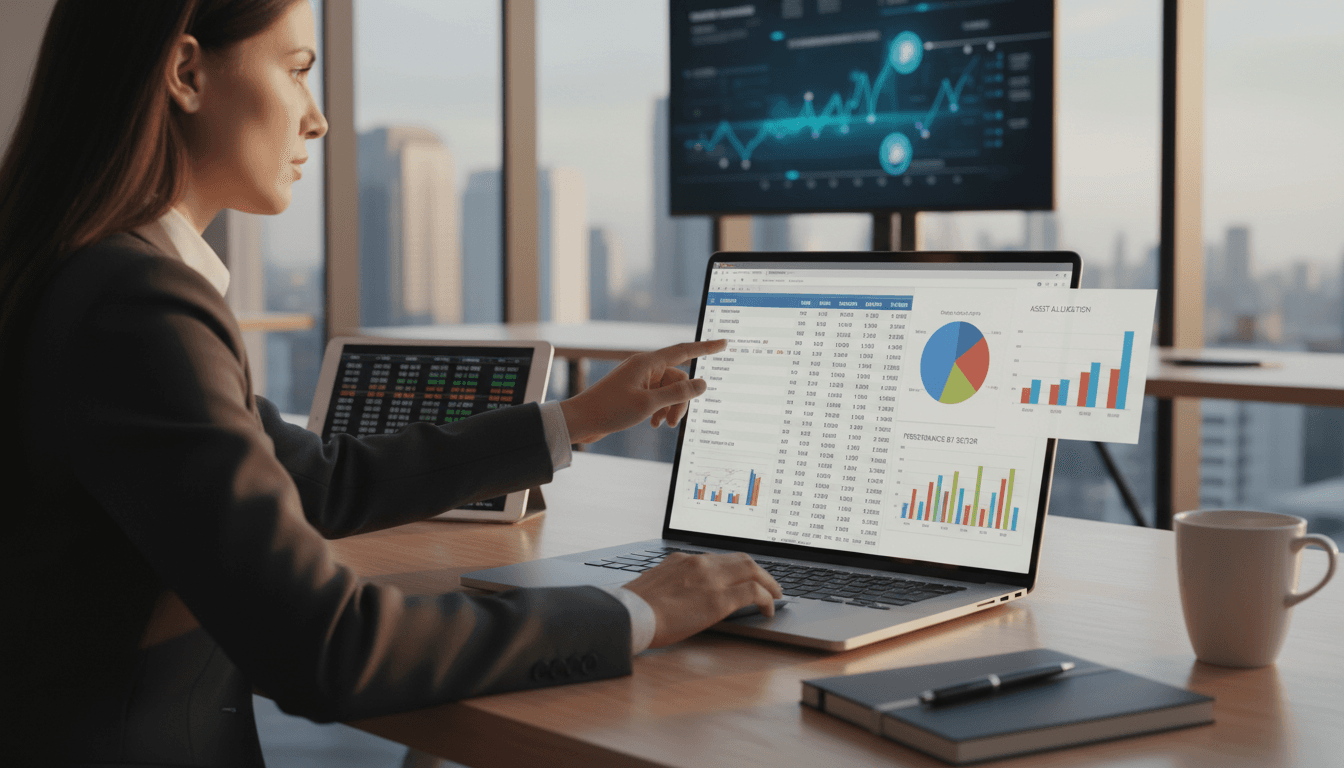 Financial professional reviewing investment analysis reports