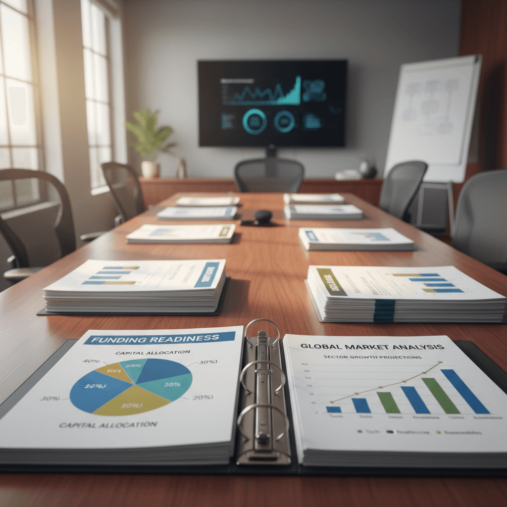 Conference table with organized financial documents and strategy materials, well-lit professional setting