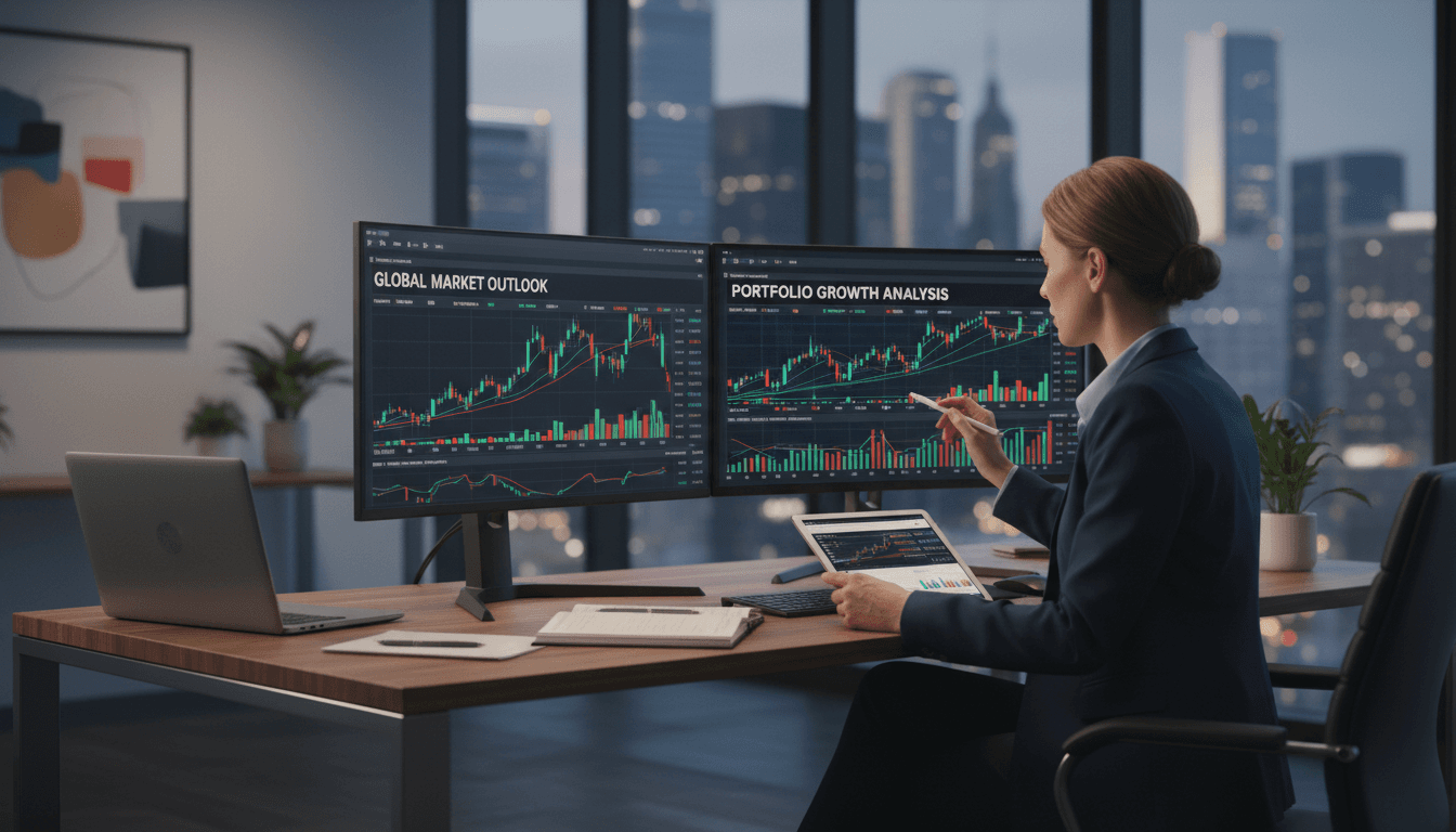 Professional reviewing financial documents and investment analysis charts