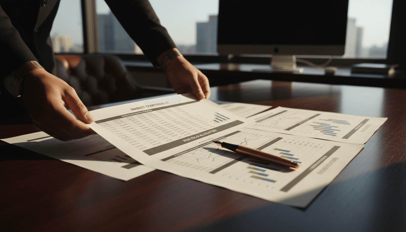 Financial advisor reviewing investment analysis reports with detailed projections and market data