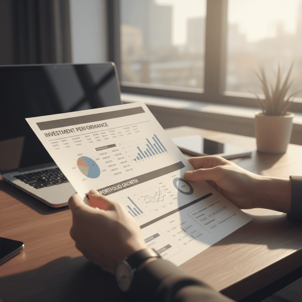 Investment analysis report on a desk with detailed charts and financial metrics