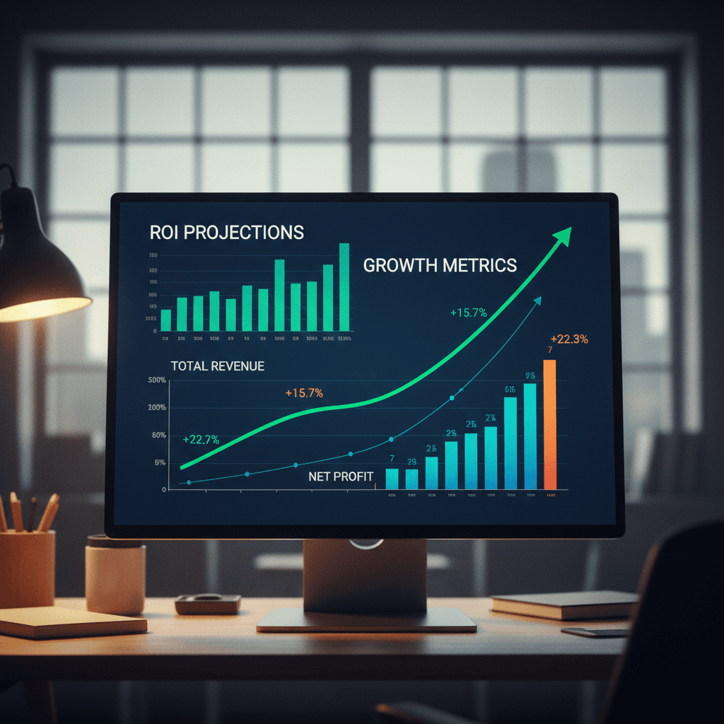 ROI and cash flow projection dashboard on computer screen